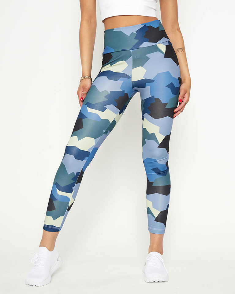 Blaue gemusterte Damenleggings mit hoher Taille - Kleidung