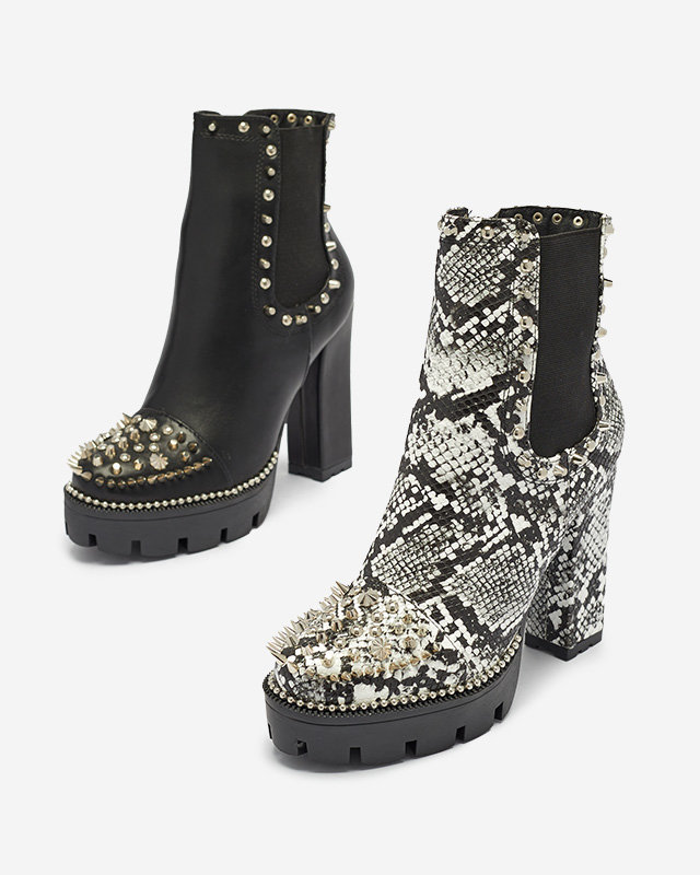 Schwarz-weiße, isolierte, verzierte und geprägte Damenstiefel Tegis - Footwear