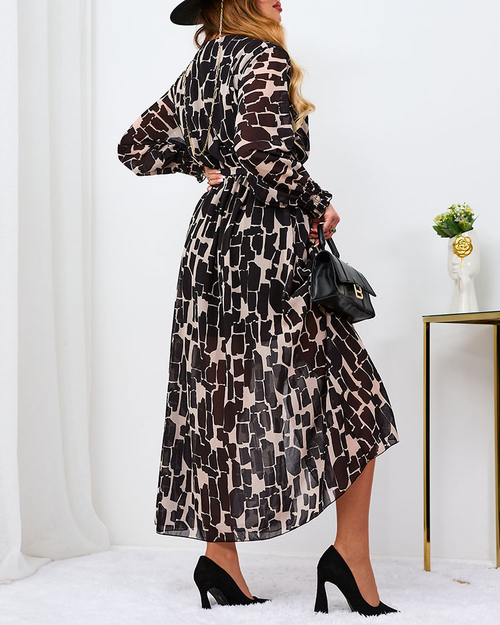 Royalfashion Чорно-бежева візерунчаста жіноча максі-сукня