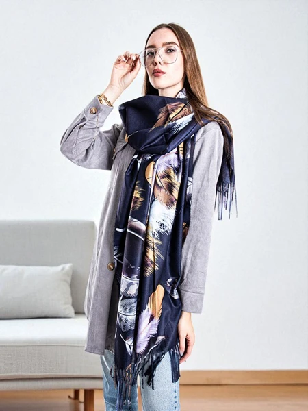 Marineblauer Damenschal mit Federmuster - Accessoires