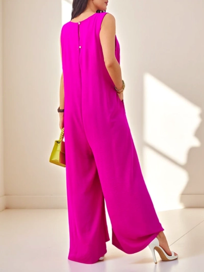 Fuchsiafarbener Artemisia-Jumpsuit aus Viskose mit Spaghettiträgern und Verzierung