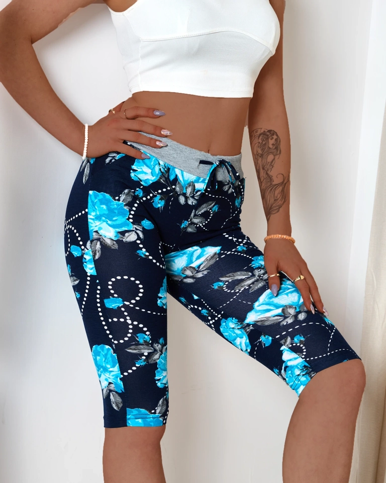 Damen-Shorts in 3/4-Länge mit Blumenmuster, marineblau und blau GROSSE GRÖSSE - Kleidung