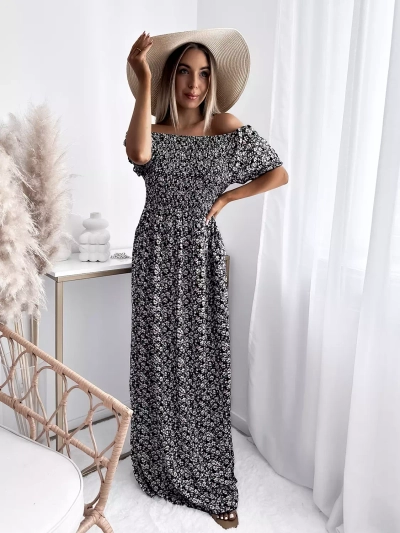 Schwarzes geblümtes Midikleid für Damen - Kleidung