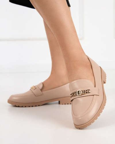 Beige Öko-Leder-Loafer für Damen mit Griss-Dekoration - Schuhe