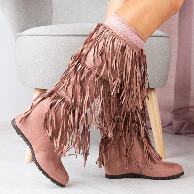 Rosa Stiefel mit Keilabsatz und Bahroma-Fransen - Schuhe
