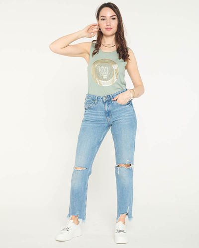 Dunkelgrüne Schulterbluse mit Print und Zirkonia - Bekleidung