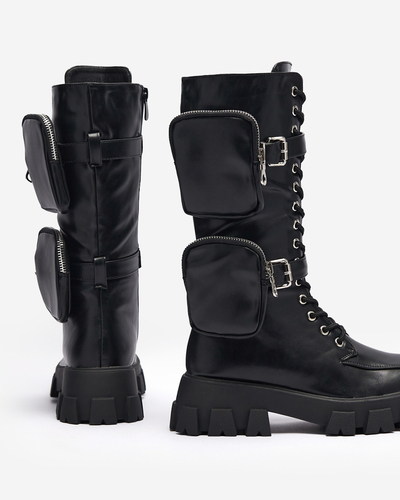 Schwarze Arbeitsstiefel mit Zierbeuteln am Schaft Sello- Footwear