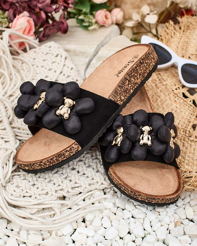 Royalfashion Damen Flip-Flops mit goldenen Teddybären und Blumen Isaralle