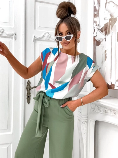 Royalfashion Damen-Jumpsuit mit weiten Hosen und gemusterter Kurzarmbluse
