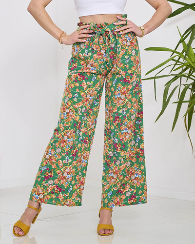 Grüne Damen-Palazzo-Hose mit orangefarbenen Blumen- Kleidung