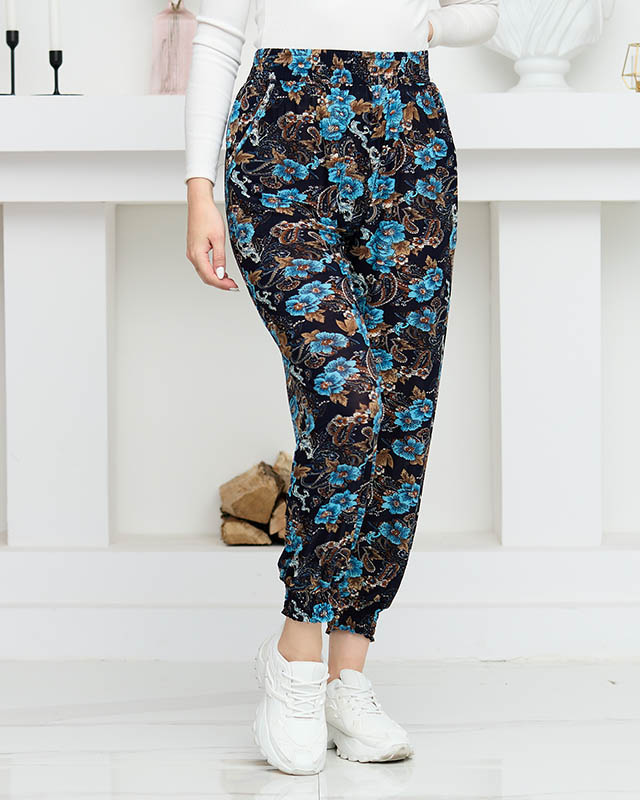 Marineblaue und türkise Damenhose mit Blumen PLUS SIZE - Kleidung