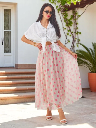 Royalfashion Damen Viskose Midi-Rock mit gepunktetem Tüll
