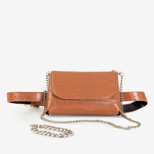 Темно-коричнева жіноча поясна сумка із тисненням під зміїну шкіру - Сумки