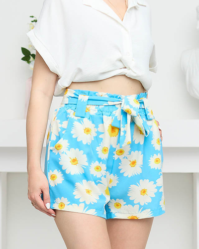 Blau gemusterte Damen Shorts aus geblümtem Stoff - Kleidung