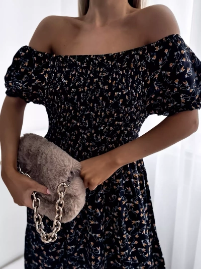 Geblümtes schwarzes Damen Midikleid - Kleidung