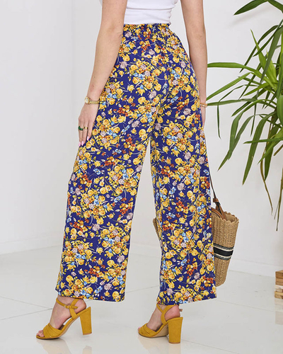 Blaue Damen-Palazzo-Hose mit marineblauen Blumen- Kleidung