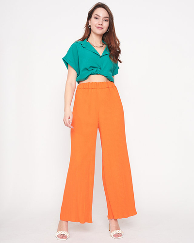 Orange, gerippte, weite Palazzo-Hose für Damen - Kleidung
