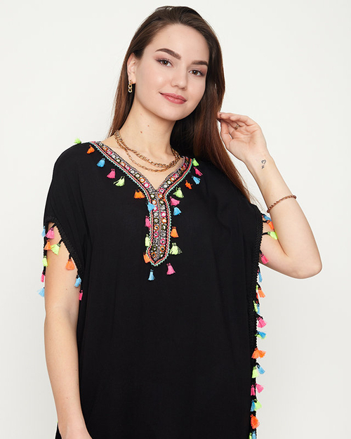 Жіноча чорна літня пляжна туніка з бахромою - Одяг