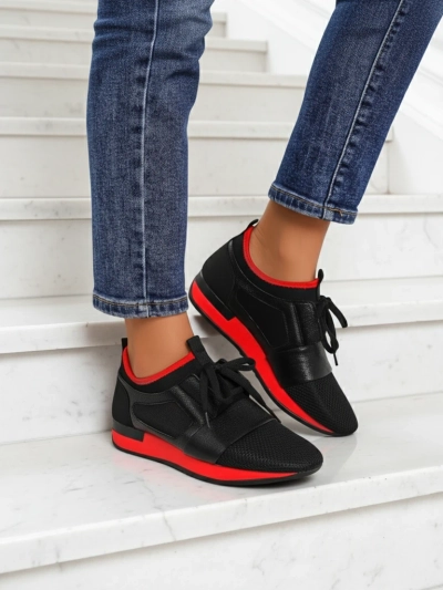 Damen-Sneakers Artemida Nero aus Stoff und Öko-Leder mit rotem Akzent