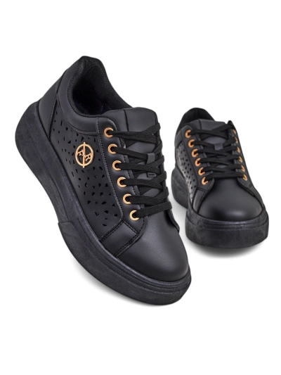 Damen-Sneakers Kalista Nero - schwarze Plateaus aus Öko-Leder, Frühlingskollektion