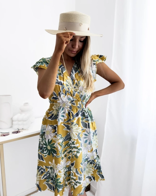 Гірчична жіноча міні-сукня з квітковим принтом - Одяг