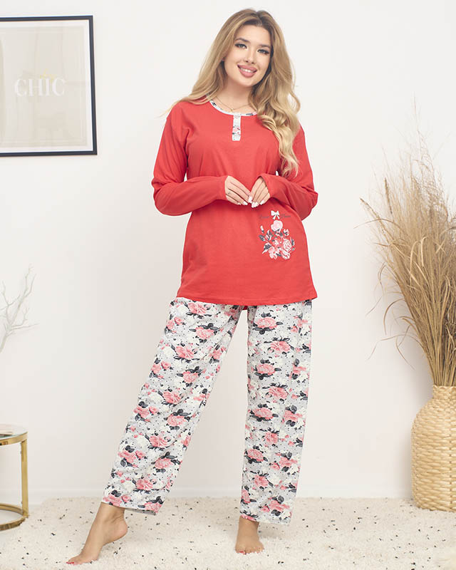 Damen-Pyjama mit Blumendruck in Korallenfarbe PLUS SIZE - Kleidung