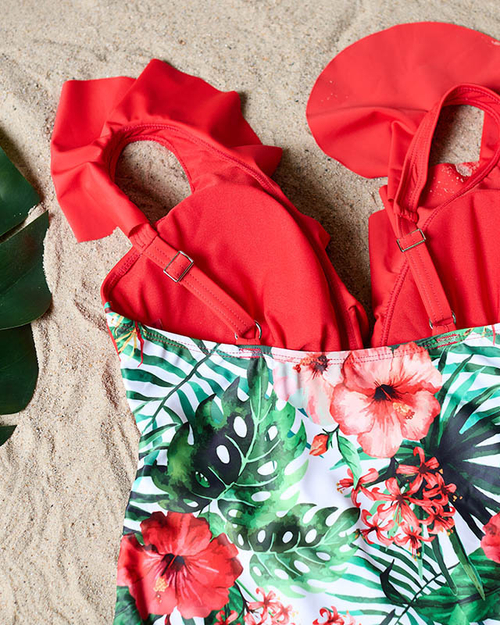 Жіночий суцільний купальник червоного кольору з квітковим мотивом - Нижня білизна