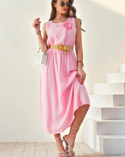 Royalfashion Damen-Midi-Kleid mit Trägern, featuring a round neckline with a decorative flower