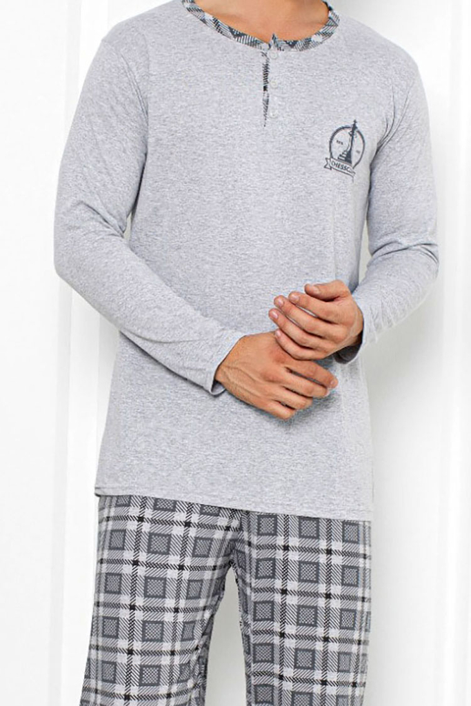 Royalfashion Hellgrauer Herrenschlafanzug mit karierter Hose