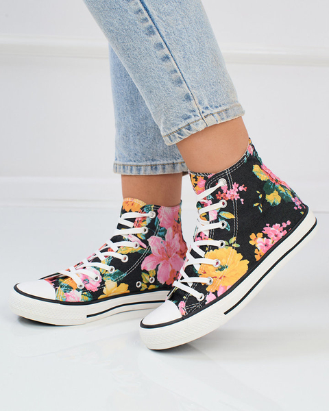 Royalfashion Damen hohe graphitfarbene Sneakers mit bunten Blumen bedruckt Fahenna