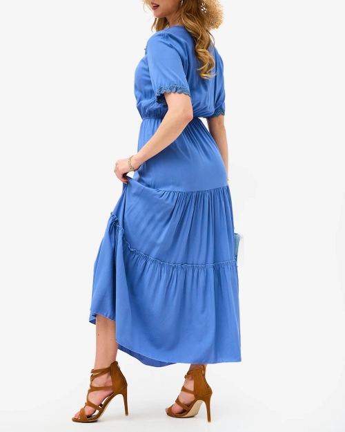Синя довга жіноча сукня з коротким рукавом - Одяг
