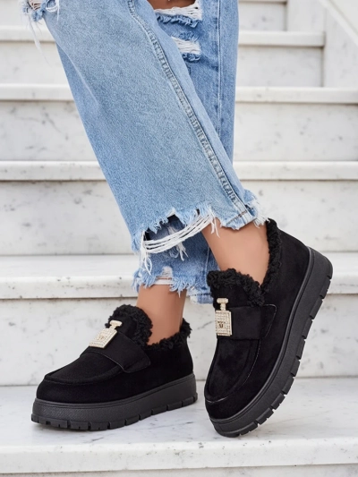 Schwarze Kalliope-Schuhe mit Plattform und Fell