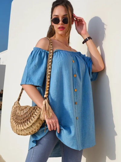 Royalfashion Damen Baumwollbluse im spanischen Stil mit dekorativen Knöpfen