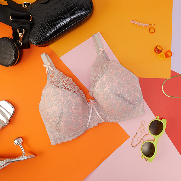 Rosafarbener Damen-BH mit grauer Spitze - Unterwäsche