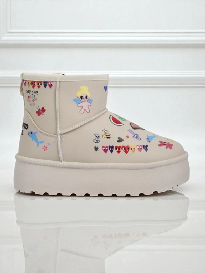Lemuria Stiefeletten - Cremefarbene Doodle Schneestiefel mit dicker Furrini Sohle