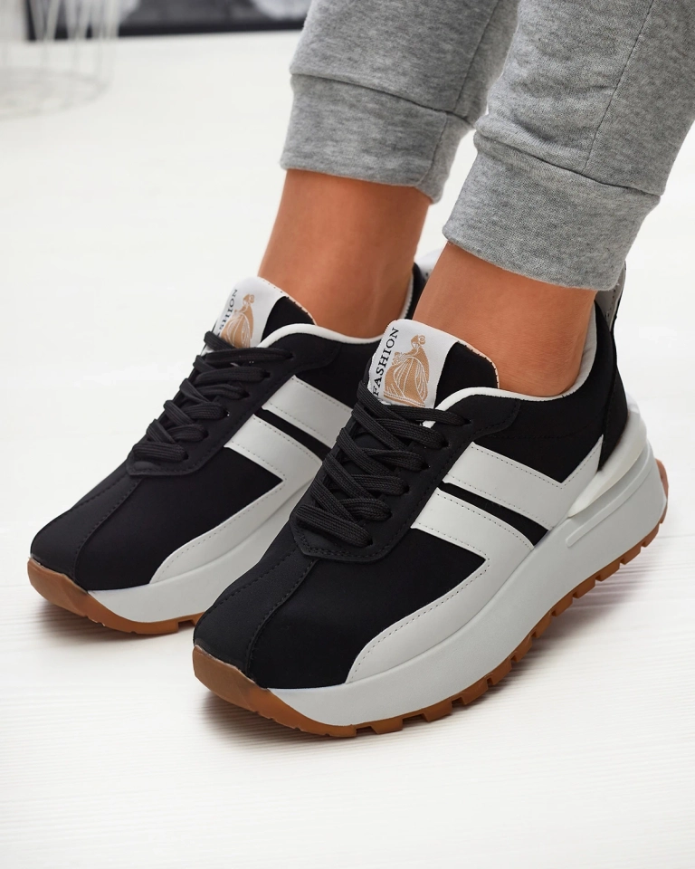 Schwarze Damen-Sportschuhe aus Öko-Leder mit bunten Einsätzen Tifora- Footwear