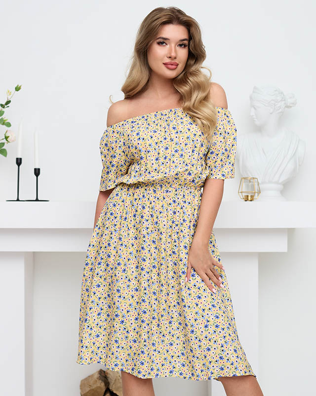 Gelbes kurzes Sommerkleid für Damen mit bunten Blumen - Kleidung