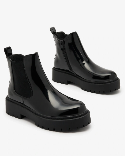 Royalfashion Schwarz lackierte Damenstiefel ohne Absatz Glossy Chic Stiefel