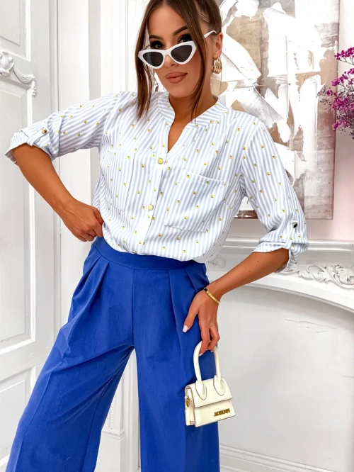 Royalfashion Жіноча смугаста сорочка з лимонами та V-подібним вирізом