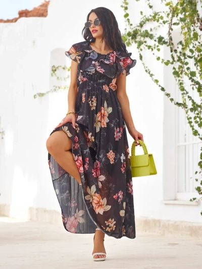 Royalfashion Damen Off-Shoulder Kleid mit kurzen Ärmeln in verschiedenen Blumenmustern