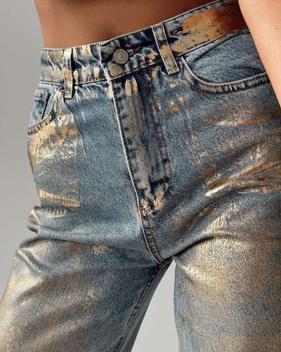 Royalfashion Weite Jeans mit goldenem Glitzer