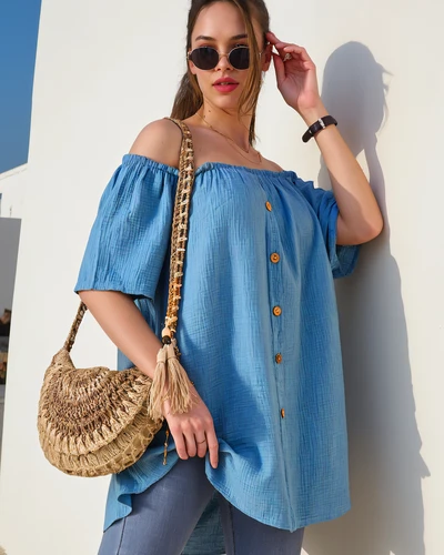 Royalfashion Damen Baumwollbluse im spanischen Stil mit dekorativen Knöpfen