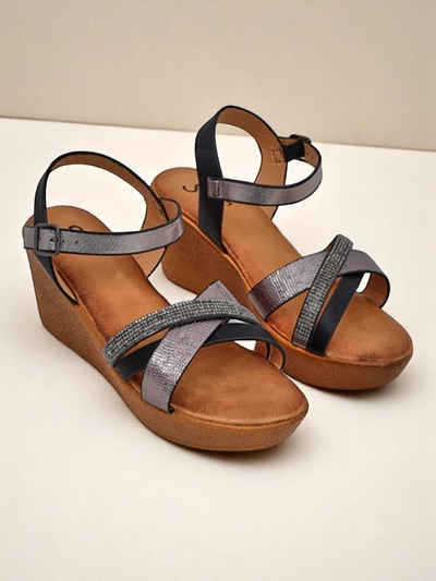 Royalfashion Damen-Wedgesandalen mit Strasssteinen und Glitzer Glittera