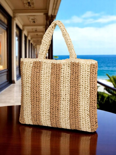 Royalfashion Große Strohtasche für Damen, Strohstreifen