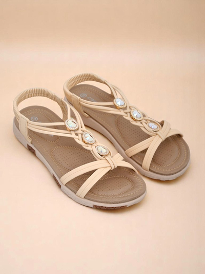 Royalfashion Bellona Damen Sandalen beige mit Zirkonia auf Plateau