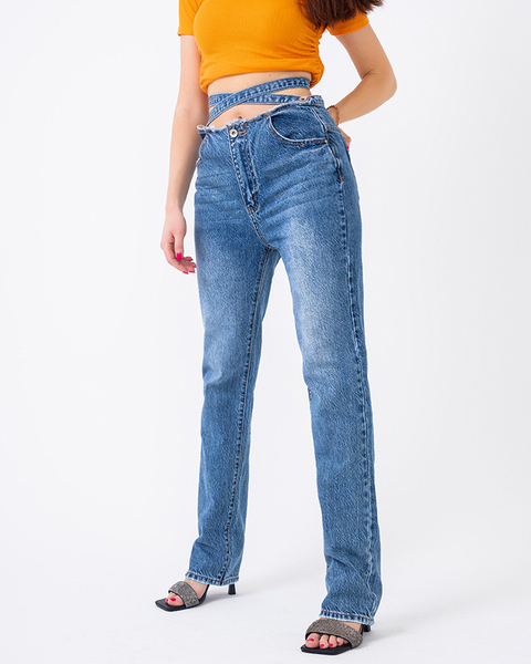 Blaue Boyfriend-Denim-Jeans für Damen mit dekorativem Gürtel - Kleidung