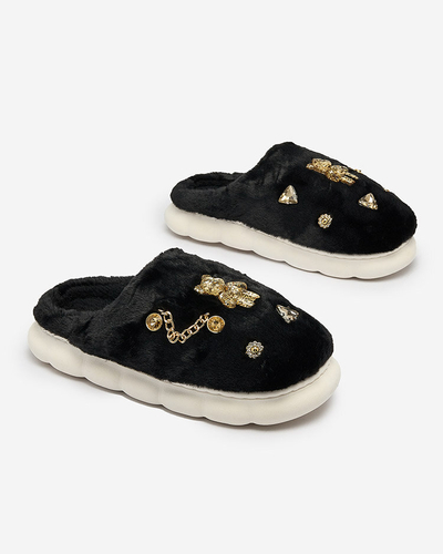 Royalfashion Чорні жіночі хутряні капці з орнаментом Erserra