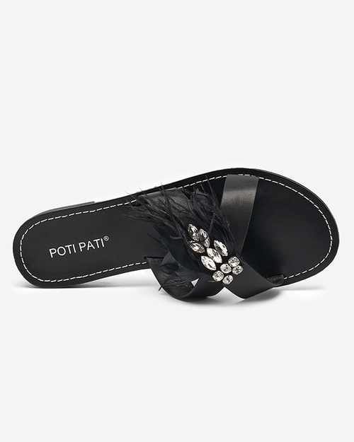 Чорні жіночі тапочки з орнаментом з фіанітів та пір'я Linoda - Взуття