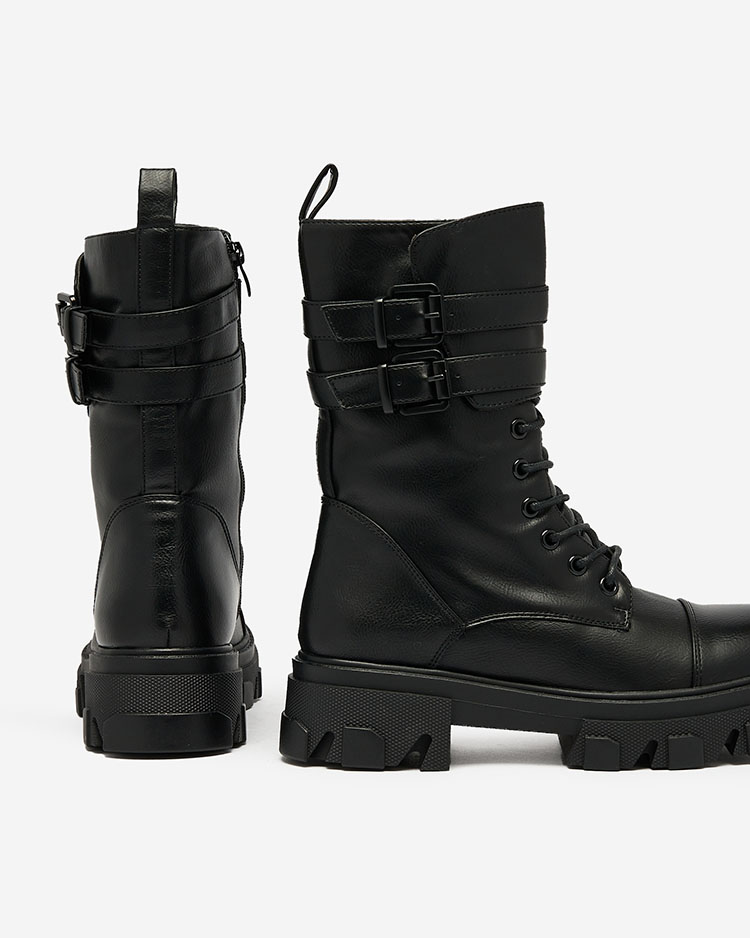 Royalfashion Eco Leder Damen Baggerstiefel in schwarz Faserti