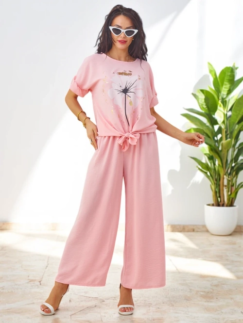 Royalfashion жіночий повсякденний комплект з коротким рукавом блузкою та широкими штанами